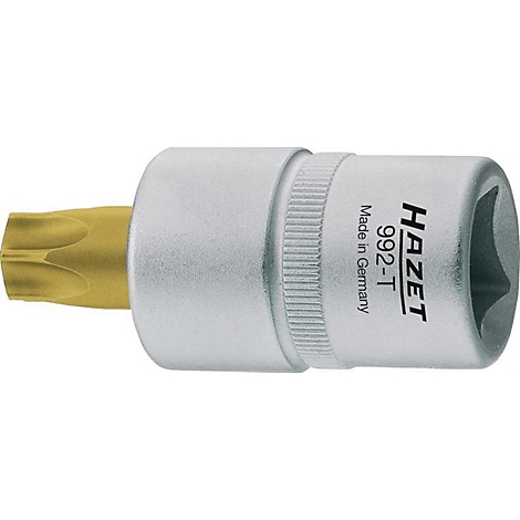 Een zilveren HAZET schroefopzetstuk met een stervormige kop. Opschrift: HAZET 992-T Made in Germany.
