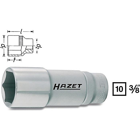 Lange Sechskant-Stecknuss, silber, mit Herstellerlogo HAZET und Größenangabe 10 3/8".