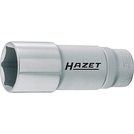 Eine silberfarbene HAZET-Stecknuss mit sechseckiger Innenform. Der Name HAZET ist schwarz aufgedruckt.