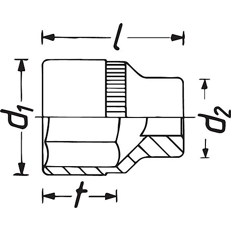 Schnittzeichnung eines metallischen Hülsenteils mit Bemaßung. Länge l, Durchmesser d1 und d2, sowie Tiefe t.
