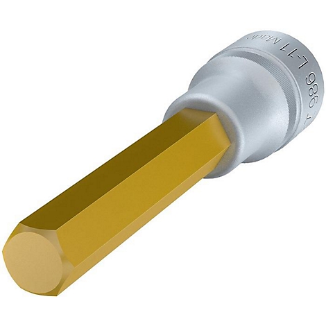 Ein goldener Inbusschlüssel mit silberfarbenem Aufsatz. Der Sechskantkopf ragt aus dem Aufsatz heraus.