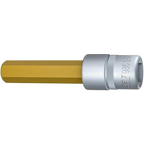 Ein silberner Steckschlüssel mit einem sechseckigen, goldfarbenen Einsatz. Auf dem silbernen Teil steht "ZET 986 L-14".