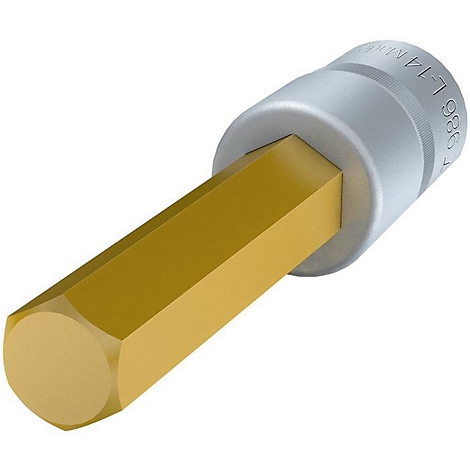 Ein goldener Innensechskant-Bit, der in einem silbernen Aufsatz steckt. Auf dem Aufsatz steht eine Beschriftung.