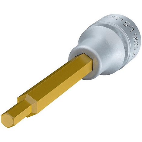 Nahaufnahme eines Innensechskant-Schlüssels mit gelbem Schaft und silbernem Kopf mit eingravierten Zahlen.
