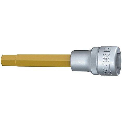 Ein Sechskant Bit-Einsatz in Silber und Gold. Der silberne Teil hat die Aufschrift ZET 7 986 L9.