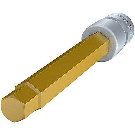 Goldfarbener Schraubenschlüssel mit silbernem Kopf, der den Namen des Herstellers trägt.