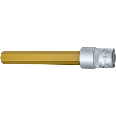 Ein goldfarbener Inbusschlüssel mit silbernem Kopf.