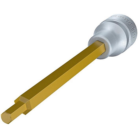 Ein Steckschlüssel mit gelbem Schaft und silbernem Kopf, Detailaufnahme.