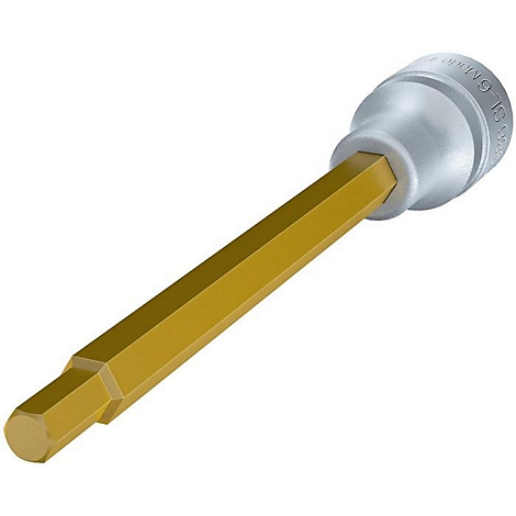 Ein Steckschlüssel, silberner Kopf, goldener Schaft. Auf dem Kopf sind Buchstaben zu erkennen.