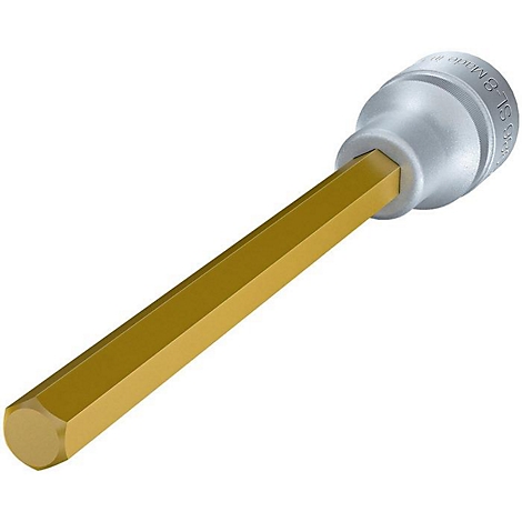 Ein silberner Inbus-Schlüssel mit goldenem Schaft. Der Schlüssel zeigt Details.