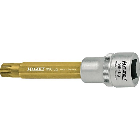Werkzeug, goldfarbener Torx-Aufsatz mit silbernem Sechskant-Antrieb, Schriftzug HAZET 990 Lg.