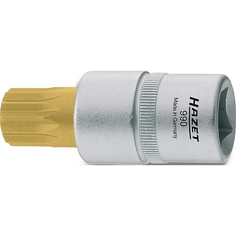 Ein metallischer HAZET-Steckschlüssel, gelb und silber, mit den Aufschriften 990 und Made in Germany.