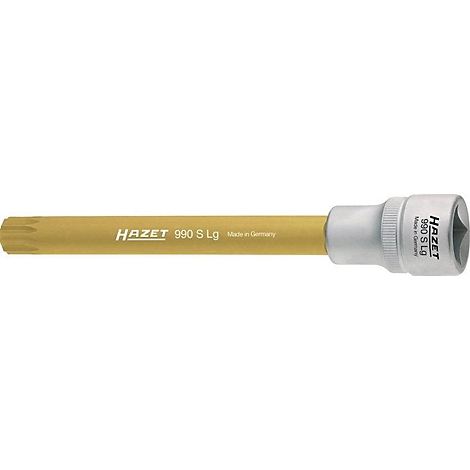 Torx-Bit von Hazet. Goldfarbener Bit mit weißem Aufsatz. Aufschrift: Hazet 990 S Lg Made in Germany.