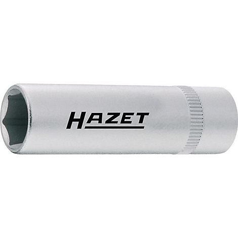 Metalen dopsleutel met de zwarte tekst "HAZET". Zeshoekige opening links, geribbeld rechts.