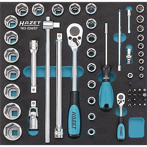 Tool set with sockets, screwdrivers and accessories. Black insert with blue holders and HAZET logo.