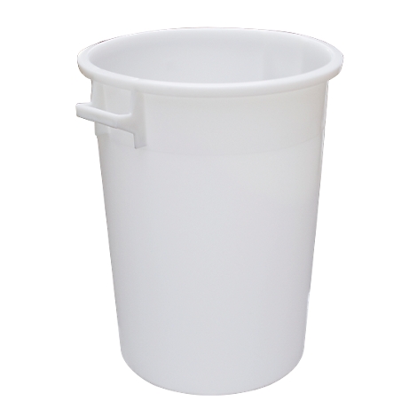 White, cylindrical trash can with handle. On white background.
