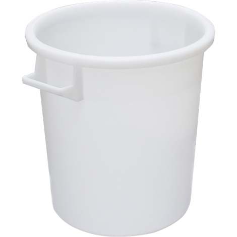 White plastic trash can with handle.