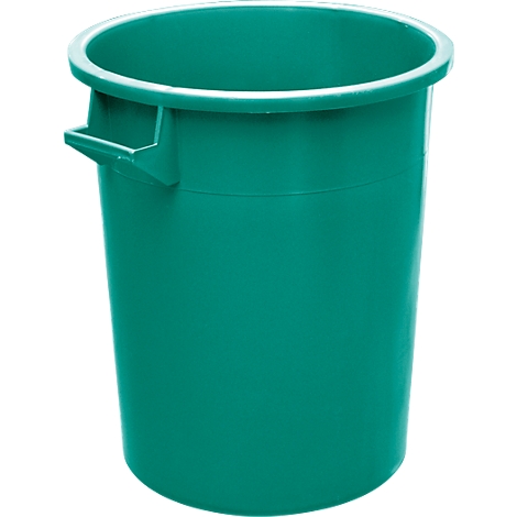 Green plastic waste bin with handle. The top of the bucket is open.