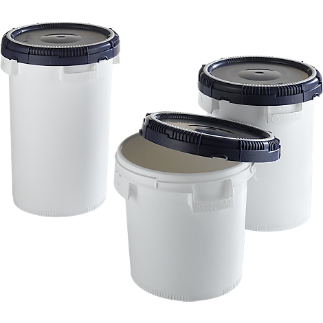 Three white buckets with dark blue lids, one of them open.
