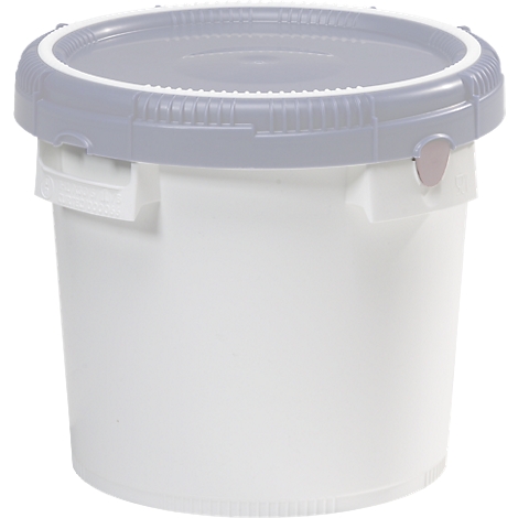 White bucket with grey lid. The lid is tightly closed and has a circumferential groove.