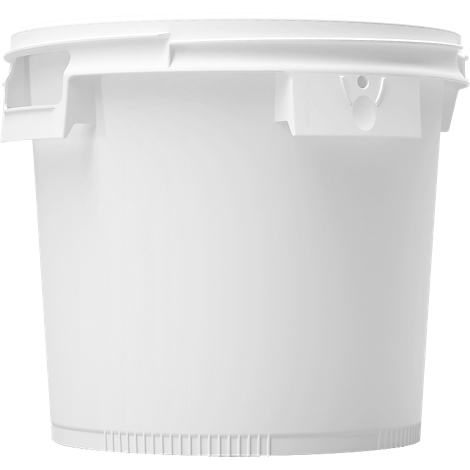 White bucket with lid, mounts, slightly bevelled. Detailed shot.