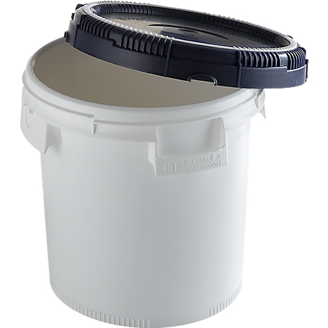 White bucket with blue lid. The lid is slightly open.