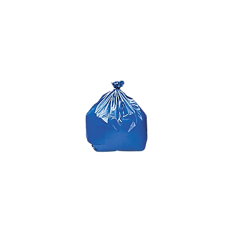 A blue trash bag, tied at the top.