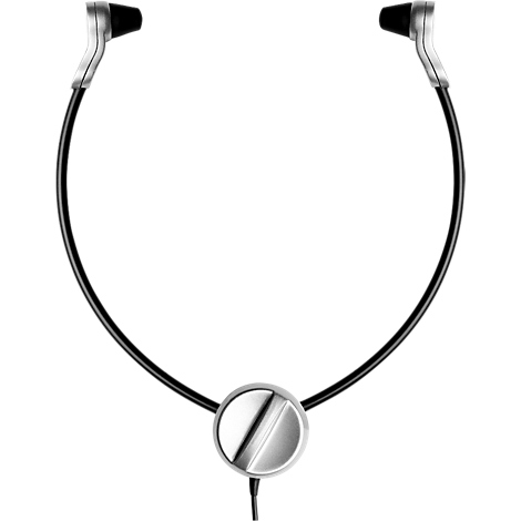 Black and silver in-ear headphones with neckband. The control part is round and silver, cables are black.