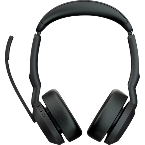 Black headset with microphone, against a white background. Earcups are square, headband is padded.