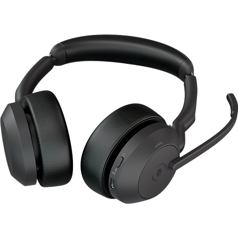 Black headset with microphone, slightly angled. Buttons and a company logo are visible on the headphones.