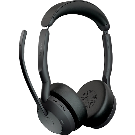 Black headset with microphone, manufacturer logo Jabra on the brackets. Buttons for volume and answering.