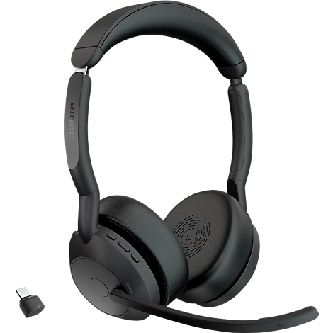 Black headphones with a microphone and USB connector. Controls are attached to the ear cups.