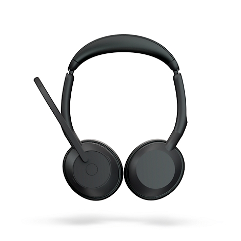 Black headset on a white background, with microphone.