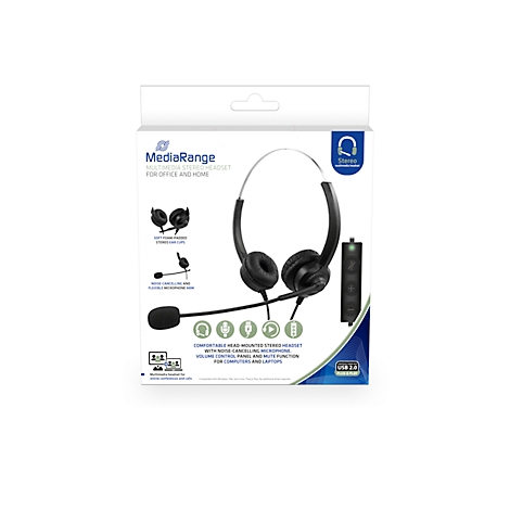 Zwarte MediaRange headset, verpakt. De headset heeft een microfoon, volumeknoppen en een USB-poort.