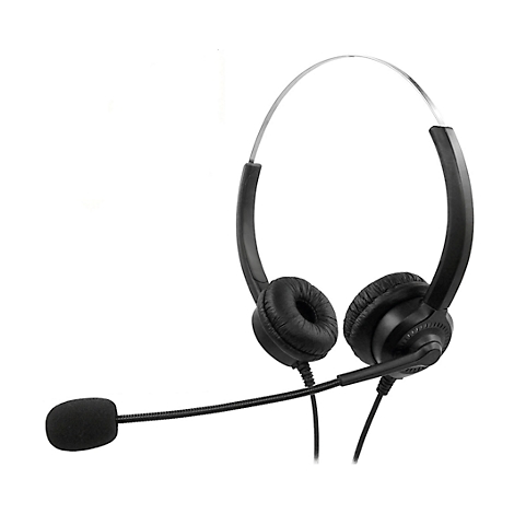 Schwarzes Headset mit Mikrofon und Bügel auf weißem Hintergrund.