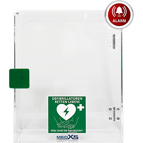 Transparante vitrine met AED-bericht. Alarmknop rechtsboven, sticker met hartsymbool en tekst onderaan.