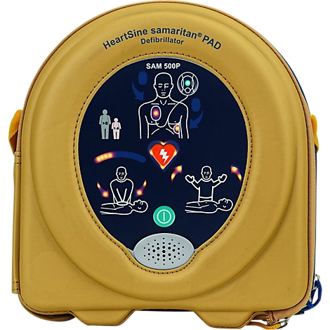 Geel defibrillatorapparaat met een blauw display met instructies en pictogrammen. Bovenop staat "HeartSine samaritan PAD".