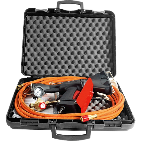 Black case with tools: gas burner, hose, manometer. The lid is open.
