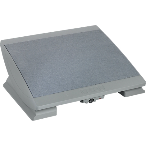 Gray footstool for ergonomic work, with padded surface, slight inclination.