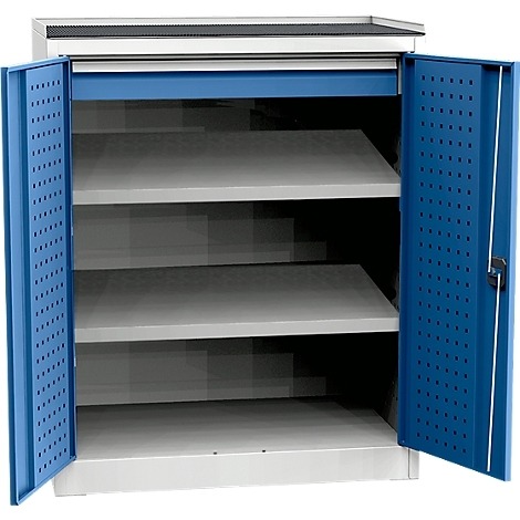 Open workshop cabinet with three shelves. Blue perforated doors and silver body.