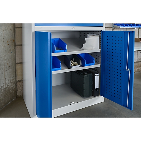 Open steel cabinet with blue bins, tools, and folders. Turquoise doors and perforated look.