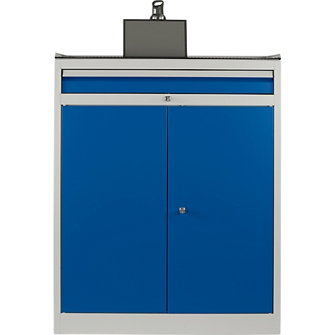 Blue cabinet with two doors, silver frame and handles.