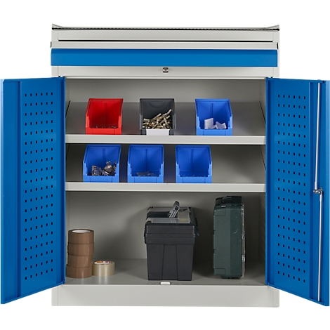 Open blue workshop cabinet with shelves filled with tools, boxes and tape. Blue doors.