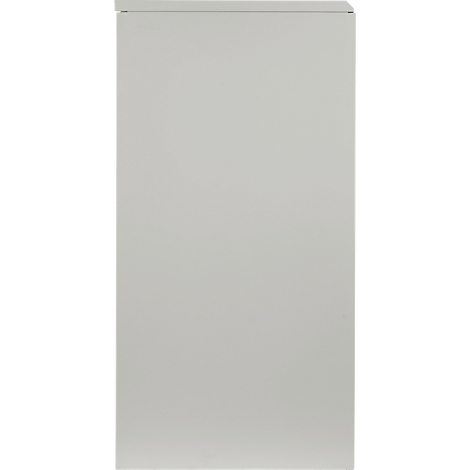 Grey, rectangular cabinet against a light background.