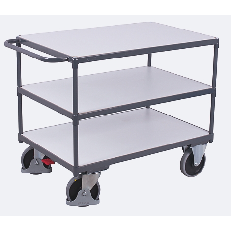 Three-tiered transport cart, gray frame, white shelves, handle, wheels with brakes.