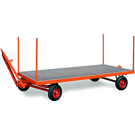 Orange cart with four wheels and a large loading area, with red rims.