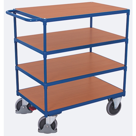 Blue serving cart with four wooden shelves. The cart has wheels and a handle.