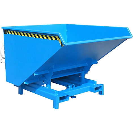 A blue tipping skip with yellow and black warning stripes.