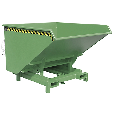 Green tipping skip, metal, with black and yellow warning markings. It stands on a metal frame.