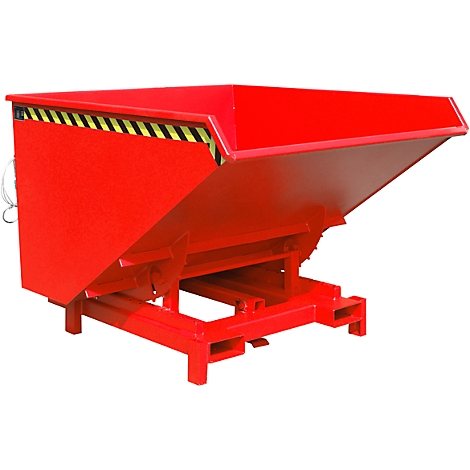 Red tipping skip on a metal frame with black and yellow warning stripes.